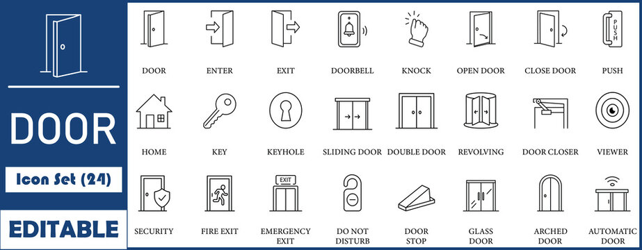 Door icon set. Containing enter, exit, doorbell, knock, open door, home, closed door,Key, pull and push symbol. Solid icons vector collection.