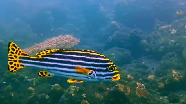A close-up of an oriental sweetlips fish with blue and white horizontal stripes and a yellow spotted tail swims above a coral reef. Its distinctive pattern and orange lips are clearly visible.