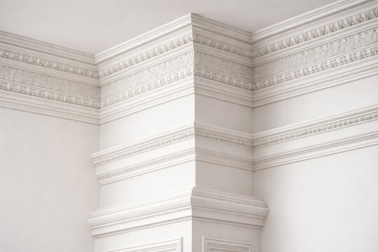 White baseboard moldings with crown on ceiling in classical style made from foam wood and plaster displayed against white backdrop