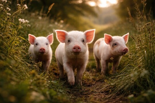 Three curious piglets wandering through untamed countryside