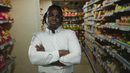 Fototapeta premium Man with arms crossed and occasional pointing finger beside stacked grocery shelves in a supermarket aisle inside a building; confidence determination.