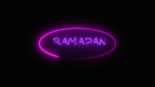 Ramadan sign animation with neon glow. Ramadan islamic holiday greeting. Ramadan glowing word graphic on black background for social media.
