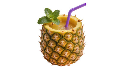 Tropical pineapple cocktail with mint leaf and purple straw, isolated on transparent background © Vasilis