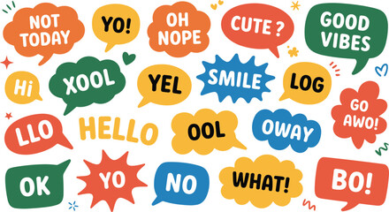 Vector illustration of playful colorful speech bubbles with casual phrases representing communication and expressive design themes © Mossadessur Rahman