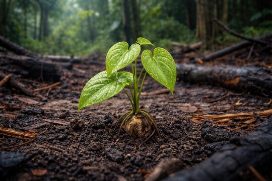 Newly sprouted Dioscorea trifida thriving on terrain cleared by slash and burn in humid rainforest