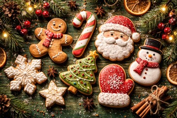 Naklejka premium Seasonal decorated cookies showcased on a textured green wooden surface background