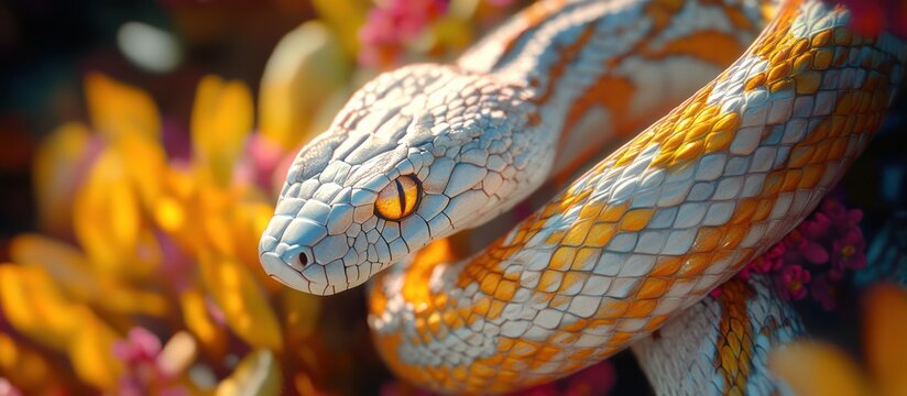 Experience the breathtaking detail and vibrant colors of a serpent navigating a sun-drenched floral paradise.