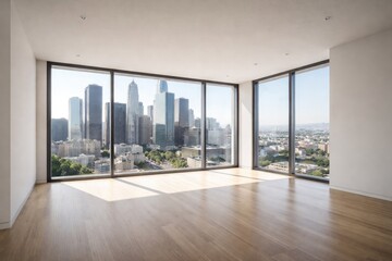 Fototapeta premium Minimalist empty room with wide windows framing a spectacular downtown scene