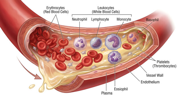 Cross‑section of a blood vessel depicting flowing plasma with suspended erythrocytes, neutrophils, lymphocytes, monocytes and platelets, alongside labeled vessel wall and endothelium to explain cellul