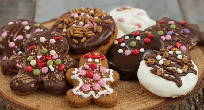 Selection of chocolate coated gingerbread cookies with unique toppings displayed on rough wood