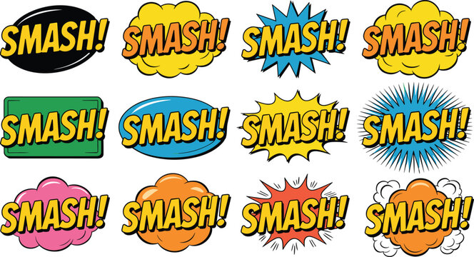   
Colorful comic text vector illustrations with bold SMASH lettering, dynamic shapes, action sound effects, and playful artwork