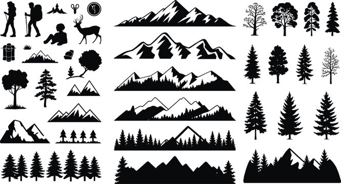 Black silhouette outdoor nature vector illustrations with hikers, deer, mountains, trees, camping gear, and wilderness adventure artwork