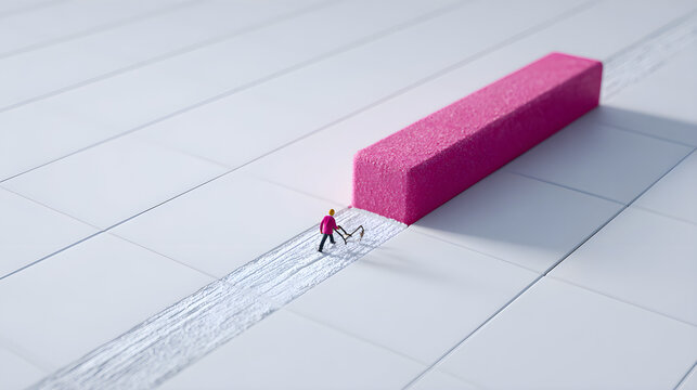 Tiny figure dragging massive pink eraser on white tiled floor creating trail symbolizing effort and correction