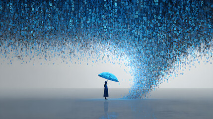 A tiny figure stands under a massive glowing blue umbrella protected from a storm of digital data particles in a surreal futuristic environment © Shakeel