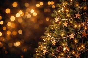 Naklejka premium Christmas tree with rustic wooden star garlands and magical bokeh circles on a dark blurred backdrop with copy space