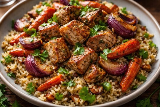 Savory turkey chunks paired with spiced rice and roasted carrots and onions topped with fresh cilantro leaves
