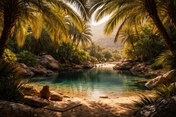 Fototapeta premium tropical palm canopy shimmering above a quiet desert oasis