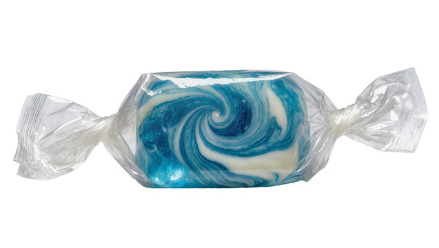 Blue and white swirled candy bar wrapped in clear plastic, isolated on transparent background