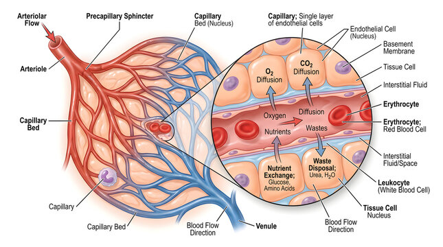 Capillary bed and magnified site of exchange diagram showing arteriole inflow, venule outflow, thin endothelial barrier, interstitial fluid and labeled pathways for O₂, CO₂, nutrients and metabolic wa
