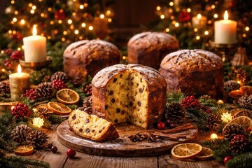 Naklejka premium Seasonal table arrangement with multiple panettone pastries and traditional Christmas decorations in cozy mood