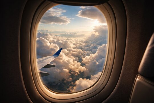 Travel scene capturing expansive clouds from plane cabin window