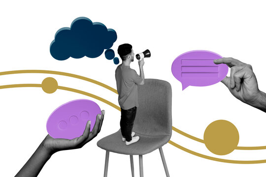 Creative collage picture young man standing chair announce proclaim textbox message answer reply sms bubble clouds bullhorn loudspeaker