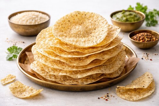 White backdrop featuring classic Indian rice flour papadum snack