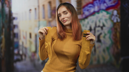 Fototapeta premium Woman holding striped yellow socks and smiling with eyes closed, posing with hands raised against a street mural wall in an urban alley; playful confidence.
