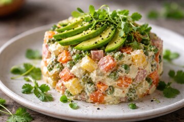 Naklejka premium Close up capture of a colorful Russian salad garnished with avocado and cilantro sprouts featuring copy space