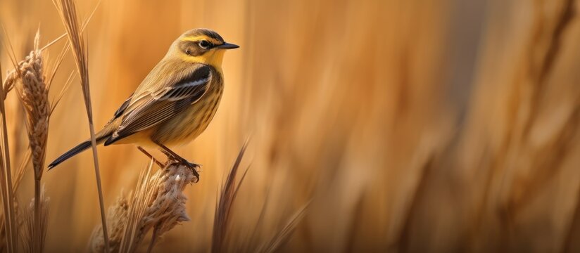 A tiny golden songbird finds a peaceful moment amidst the shimmering glow of a harvest field.