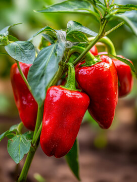 Vibrant red bell peppers ripening on a lush green plant in a thriving garden with rich soil and natural sunlight in the background