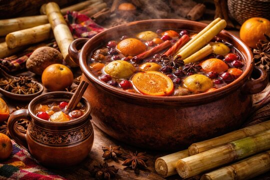 Wintertime Mexican Ponche warm spiced punch featuring sugar cane and fresh fruit blend