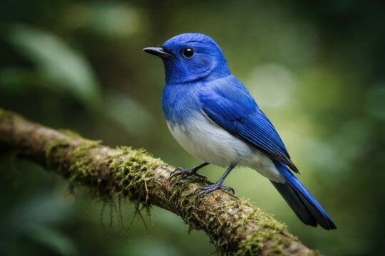 Small monarch flycatcher bird captured in vivid blue full body view