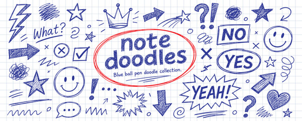Set of hand-drawn blue ballpoint pen doodles on a grid paper background. Includes stars, arrows, speech bubbles, smiley faces, and text elements. © Zbrake Studio