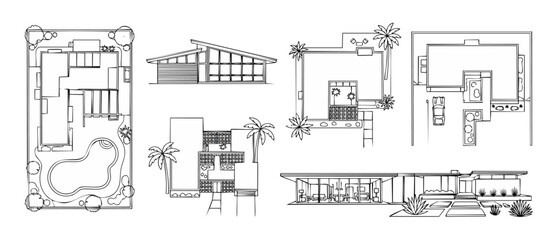Obraz premium Modern House Floor Plans and Architectural Elevations Set for Luxury Real Estate Projects, Mid-Century Minimalist Residential Design Collection with Landscaping, Swimming Pool, and Tropical Garden Ele