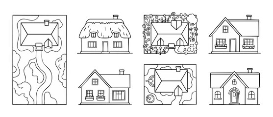 Fototapeta premium House Icons Set Outline Collection, Residential Building Architecture and Top View Landscape Design Elements, Simple Black and White Vector Illustration for Real Estate Property Projects and Graphic P