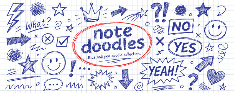 Set of hand-drawn blue ballpoint pen doodles on a grid paper background. Includes stars, arrows, speech bubbles, smiley faces, and text elements.