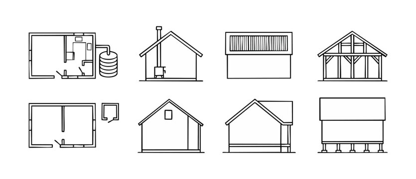 House Floor Plan and Elevation Architectural Line Icons Set representing modern home construction, timber framing, structural section drawings, and building design layouts for professional blueprints.