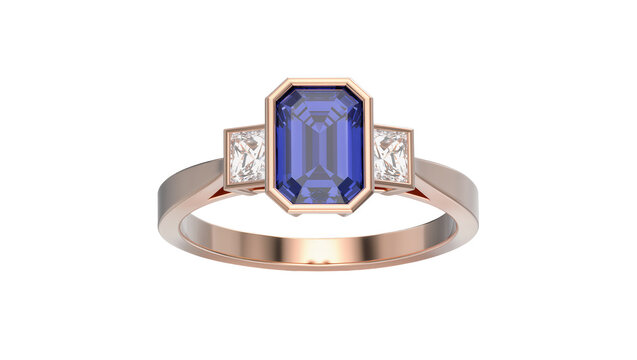 Rose gold ring with emerald cut sapphire and two square diamonds, isolated on transparent background