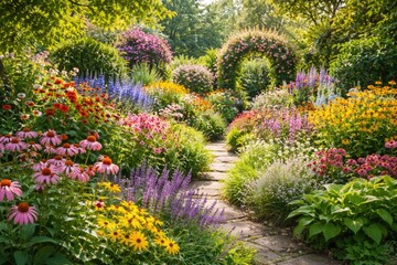 Obraz premium Colorful summer garden bursting with flowering plants and vibrant green leaf scenery