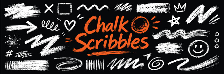 Collection of hand-drawn chalk scribbles, doodles, arrows, shapes, and textures on a black background. Perfect for creative projects, chalkboard art, and graphic design overlays. © Zbrake Studio