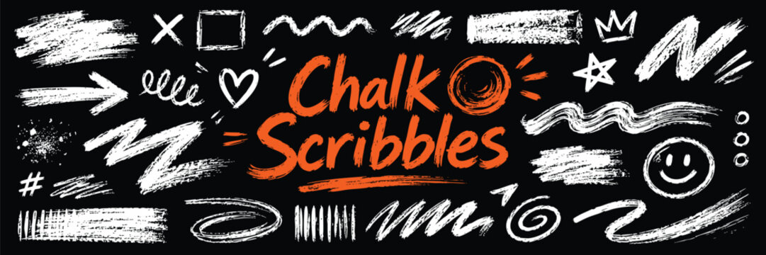 Collection of hand-drawn chalk scribbles, doodles, arrows, shapes, and textures on a black background. Perfect for creative projects, chalkboard art, and graphic design overlays.
