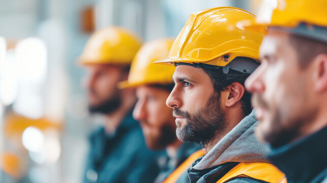 Focused industrial workers wearing safety helmets and reflective vests during factory training session, teamwork and workplace safety concept.