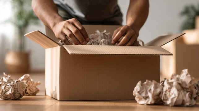 Hands packing cardboard box with crumpled paper filler, shipping and e commerce packaging concept in home interior.