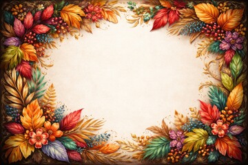 Fototapeta premium Decorative frame featuring colorful foliage accents