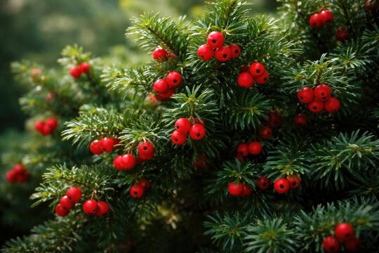 Healthy Taxus baccata evergreen showcasing prominently red fruit