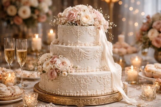 Ornate cake showcasing intricate icing patterns and delicate flower decorations on a party table