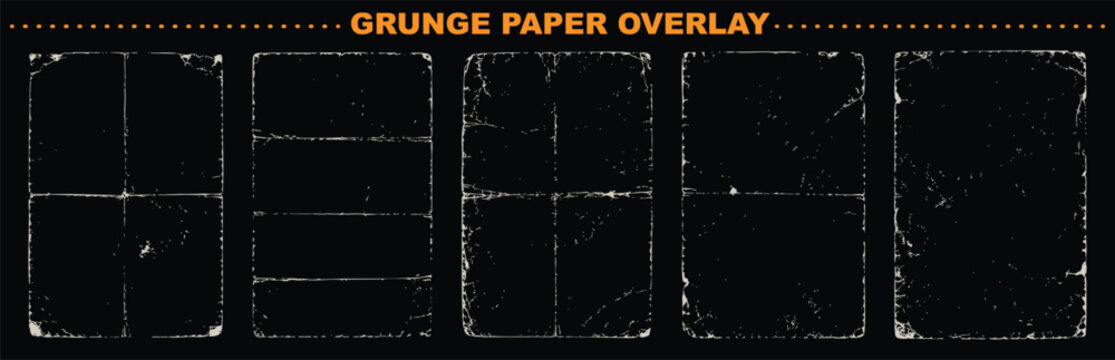 Collection of five high-quality grunge paper texture overlays featuring various fold lines, creases, and distressed edges, perfect for vintage design effects.