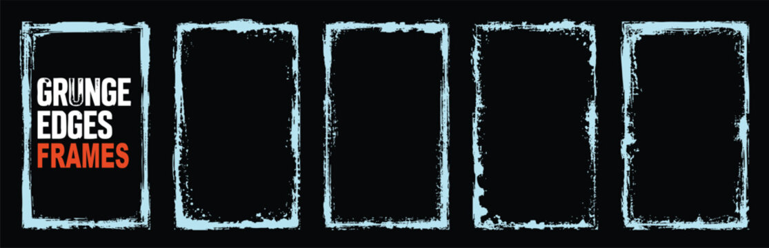 A collection of five rectangular grunge frames with distressed, rough edges. These weathered borders are perfect for adding a vintage or artistic touch to photos and designs. Isolated on black backgro