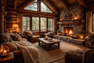 Obraz premium Wood cabin interior layout highlighting cozy textures and natural materials